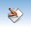macos textedit icon on a plain gradient background. a floating hand writes with a pencil on tilted white paper